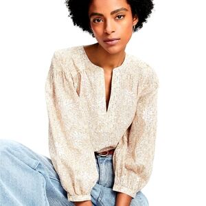 LOFT Cream Relaxed Blouse with Mandarin Collar